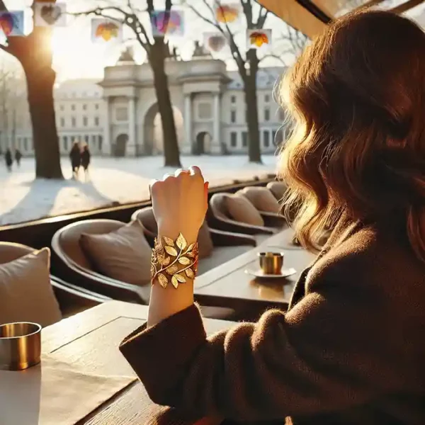 Femme de Løv portant le bracelet emblème L'Ode par l'artiste Méta