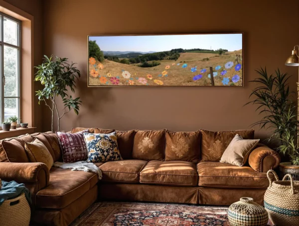 Photo d'un salon avec le tableau le Champs de l'univers de Klak par l'artiste Kamille