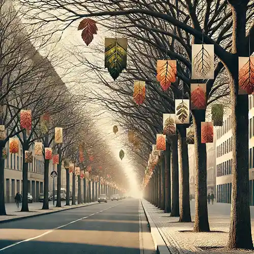 Rue2 Rue de løv. Des peintures de feuilles sont suspendues aux arbres