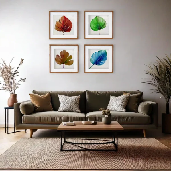 Tableaux Chant des saisons. Quadryptique représentant 4 feuilles à travers les saisons par l'artiste Méta
