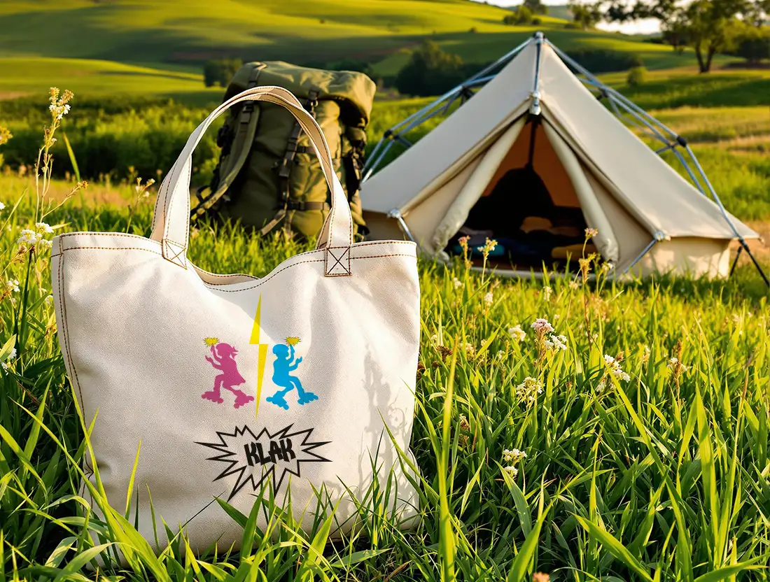 Tote bag in situ Tote bag au couleur de l'univers de Klak réalisé par l'artiste Kamille devant une tente dans un esprit baroudeur